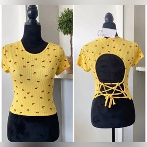J For Justify Women’s Yellow Cherry Print Lace-Up Open Back Top Size Medium